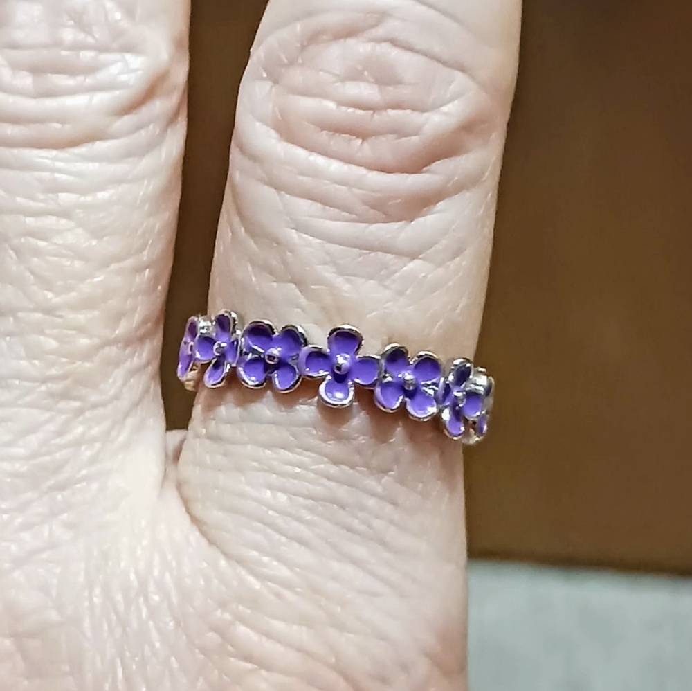 Flowers Sterling Silver Ring - Size 7 & 8 (PINK, BLUE & PURPLE) - Picture 2 of 16
